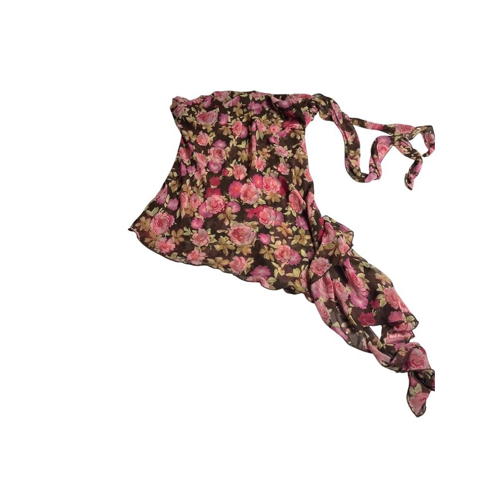Y2K First Kiss Floral Sheer Brown & Pink strapless Top M adjustable at chest